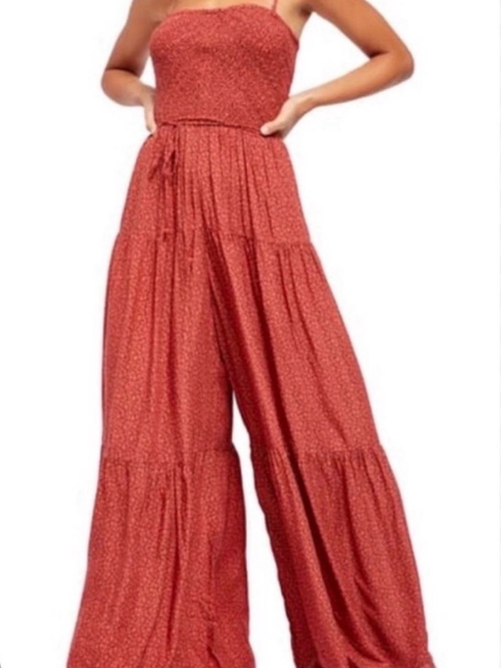 Free People Brick Red Wide-Leg Smocked Jumpsuit